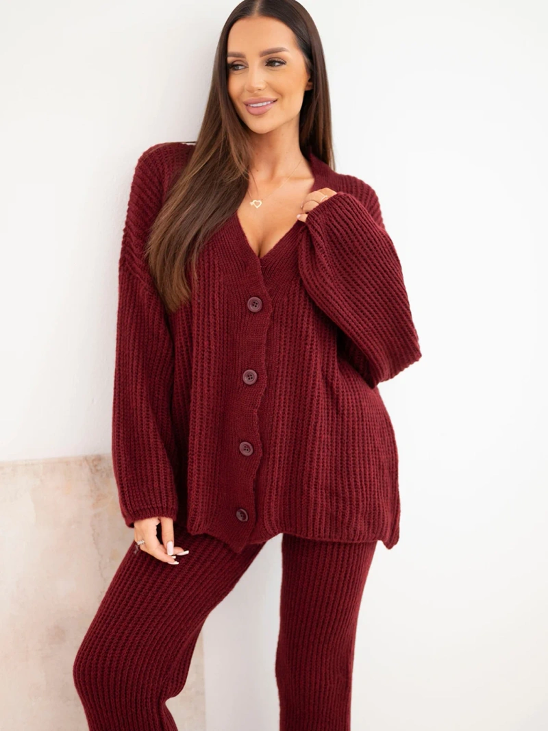 Damen-Strickset mit Cardigan und weiten Hosen bordeaux