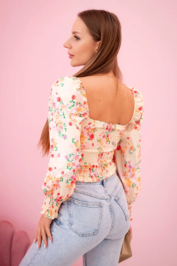 Spanische Damenbluse mit Blumenmuster, langarm gelb