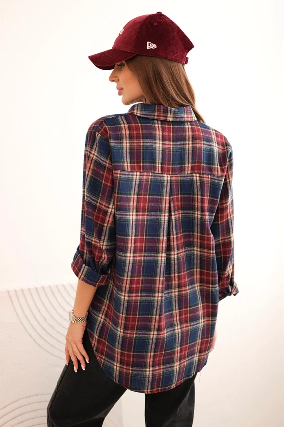 Women's cotton plaid shirt with a longer back navy