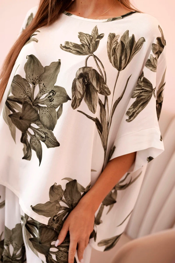 Oversize Damen-Set aus Viskose mit Blumenmuster khaki