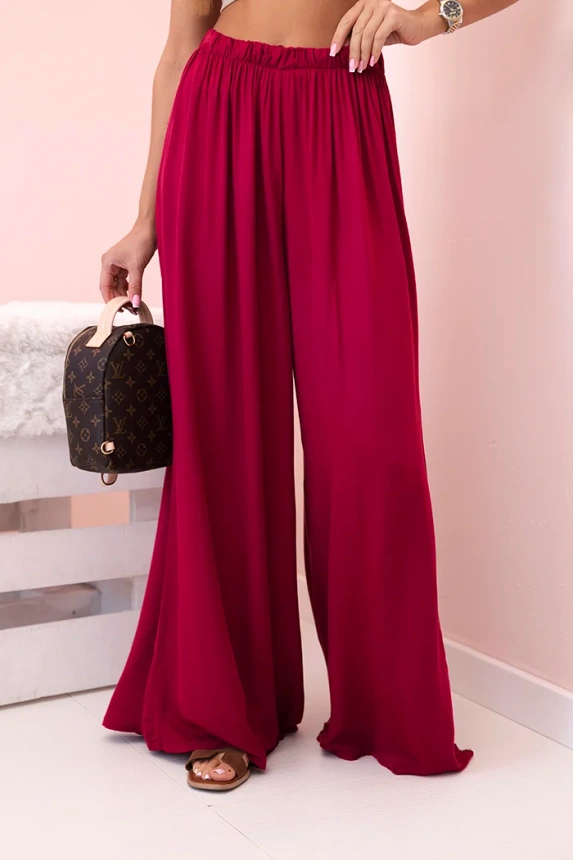 Women's wide viscose trousers with an elastic waistband dark burgundy