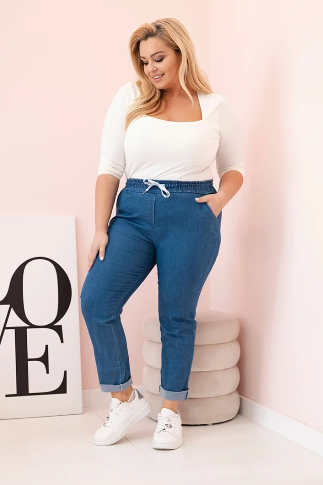 Spodnie damskie bawełniane Plus Size z elastyczną talią i wiązaniem jeansowe