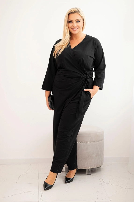 Kombinezon damski bawełniany Plus Size z wiązaniem w pasie i rękawem 3/4 czarny
