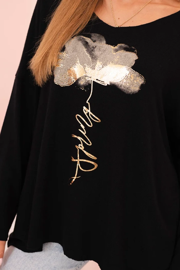 Women's viscose blouse with long sleeves and gold floral print black