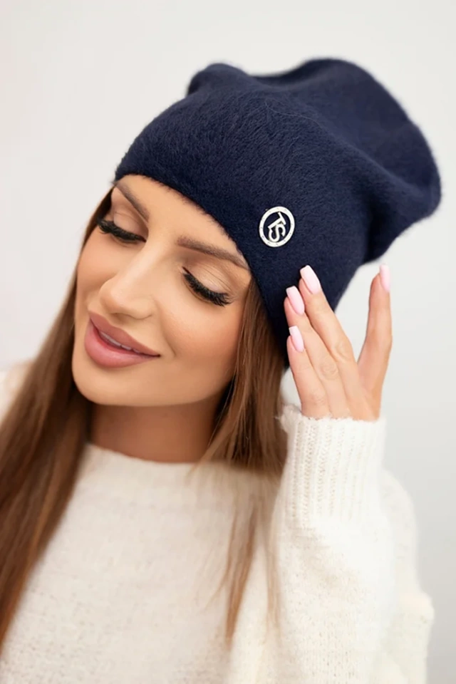 Classic women's alpaca hat with decorative plate navy