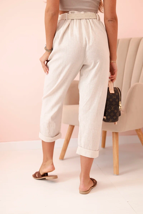 Damen Leinen-Baumwollhose mit Gürtel beige