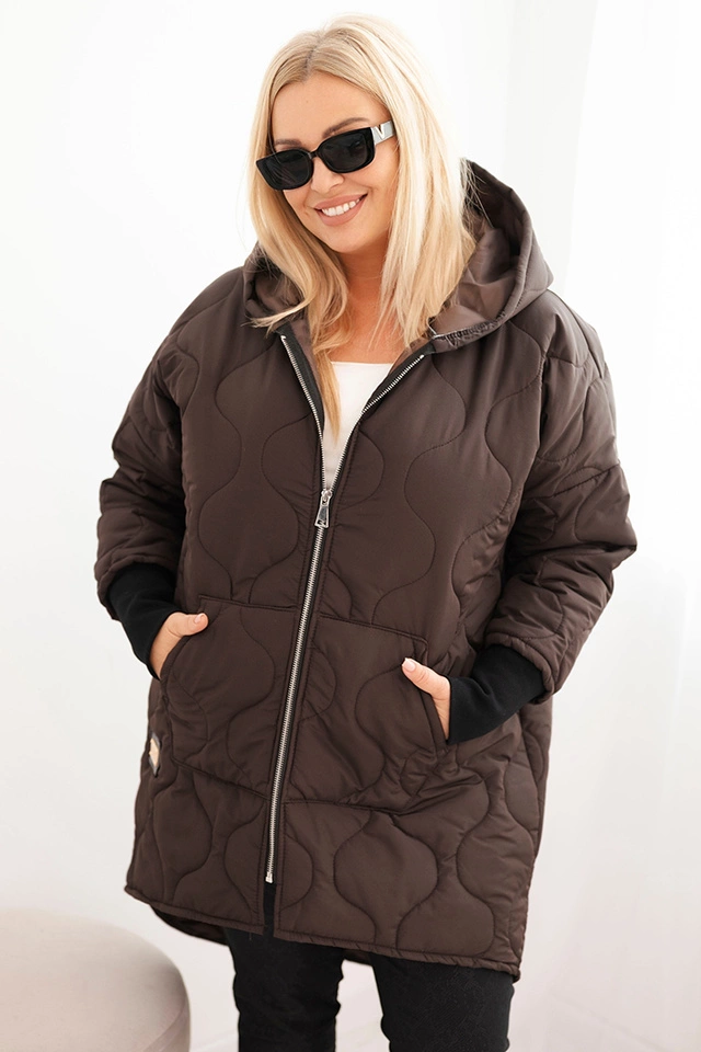 Dámska zimná bunda Plus Size prešívaná s kapucňou hnedá