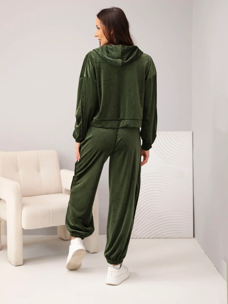 Dámský semišový komplet z viskózy s mikinou na zip a jogger kalhotami khaki