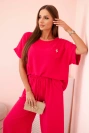 Dámský komplet z viskózy s ozdobným květem a širokými kalhotami - fuchsie