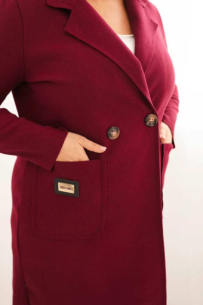 Dámsky elegantný kabát Plus Size s golierom a veľkými vreckami slivkový