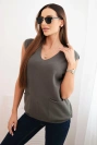 Women's sleeveless viscose sweater with pockets and a V-neck khaki