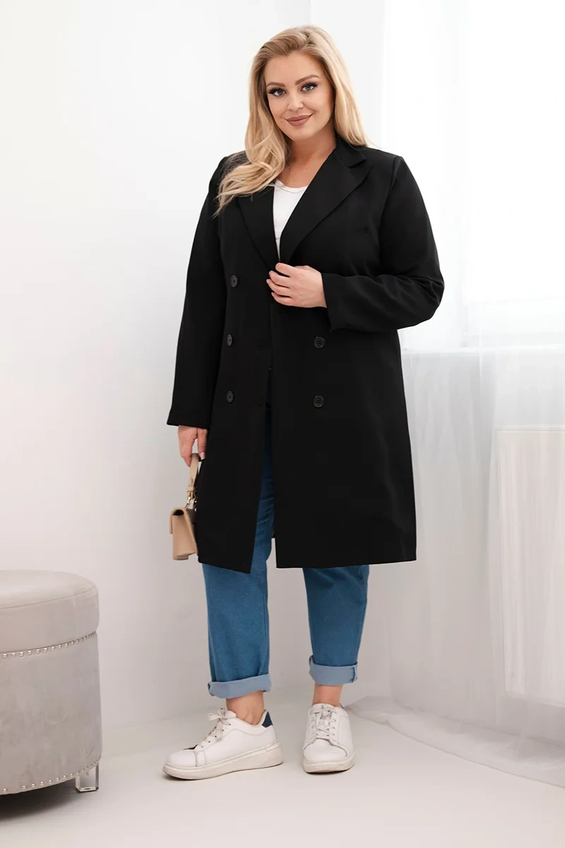 Płaszcz damski Plus Size dwurzędowy z kołnierzem czarny