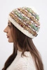 Women's winter hat with colorful yarn and elastic band K352 ecru+green+camel