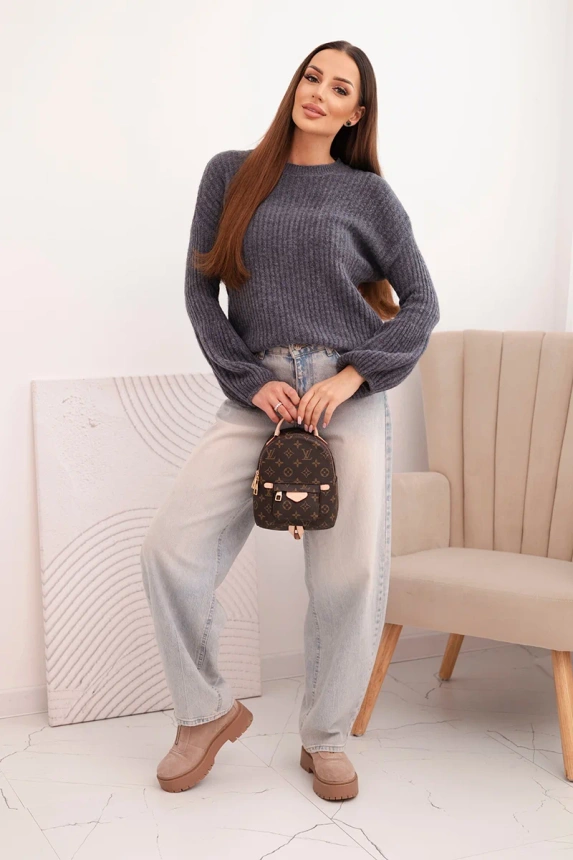 Sweter damski z baby alpaki z bufiastymi rękawami grafitowy