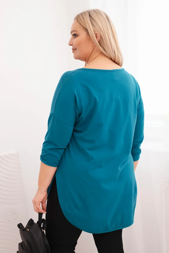 Women's cotton Plus Size blouse with a V-neck and rolled-up sleeves sea green