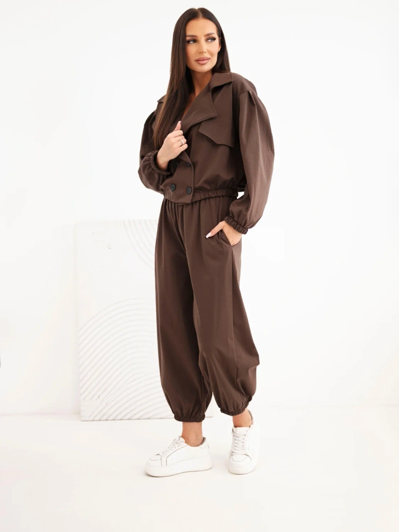 Women's cotton set with collar and jogger pants brown