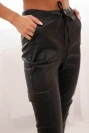Women's eco-leather pants with pockets and a tie at the waist black