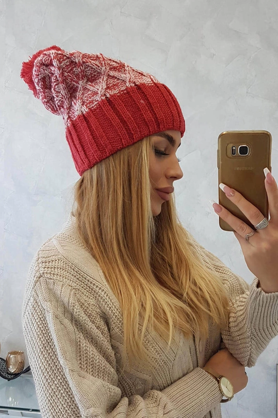 Cap with fleece Milano K203 ecru melange+red