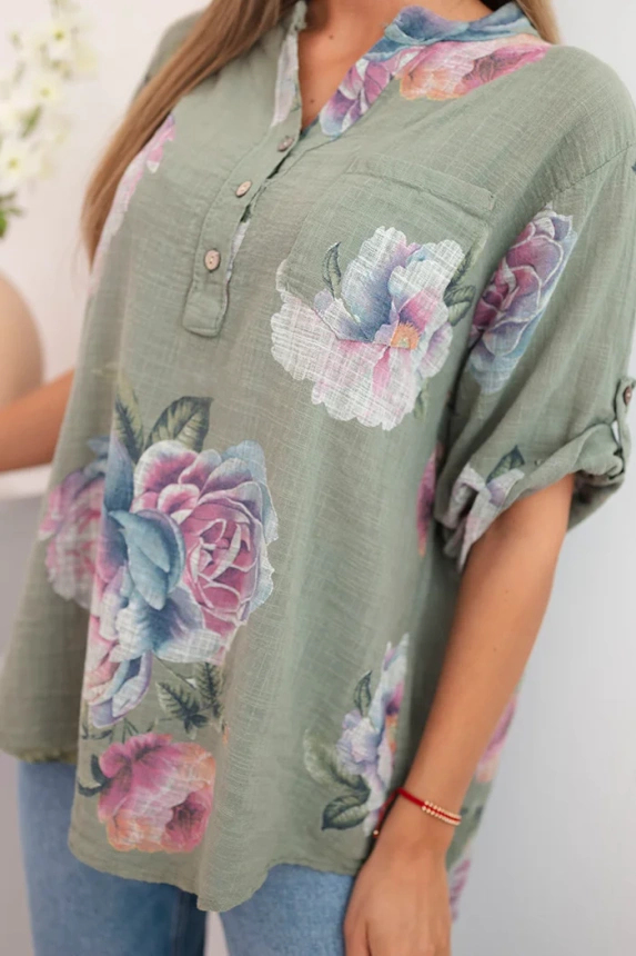 Damenbluse aus Baumwolle mit Blumenmuster khaki