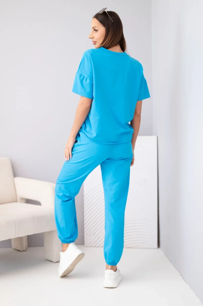 Women's cotton set short-sleeve top and sweatpants turquoise