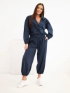 Women's cotton set with collar and jogger pants navy blue