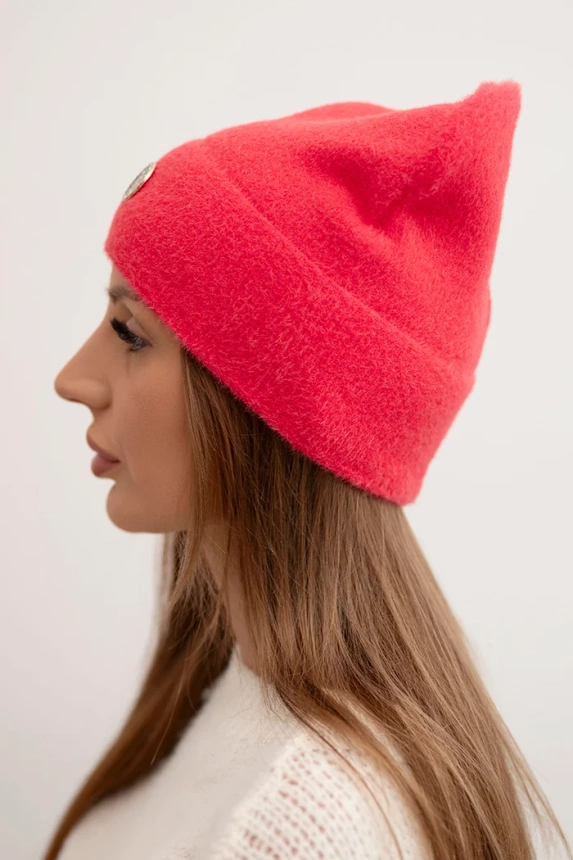 Women's soft alpaca hat with decorative plate raspberry