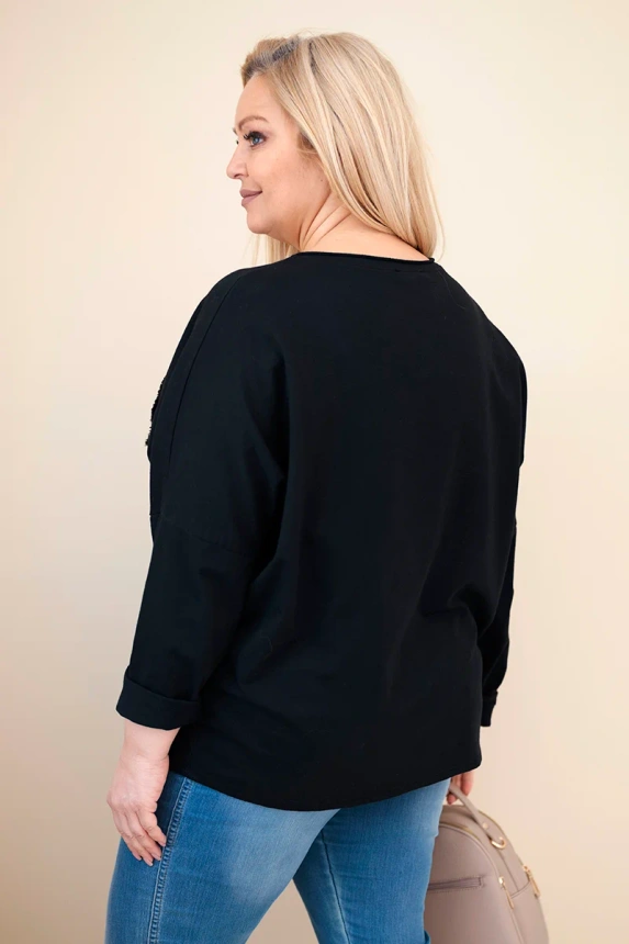 Moteriška medvilninė bluzonė Plus Size su V formos iškirpte juoda