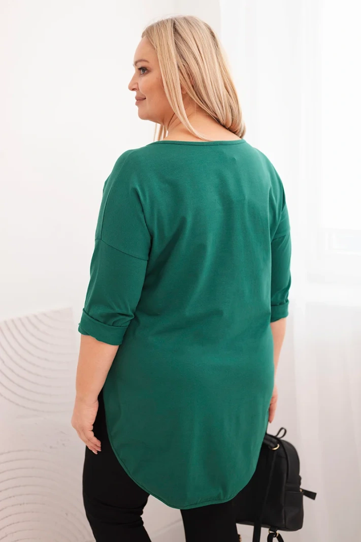 Dámska bavlnená blúzka Plus Size s výstrihom do V a podhnutým rukávom tmavozelená