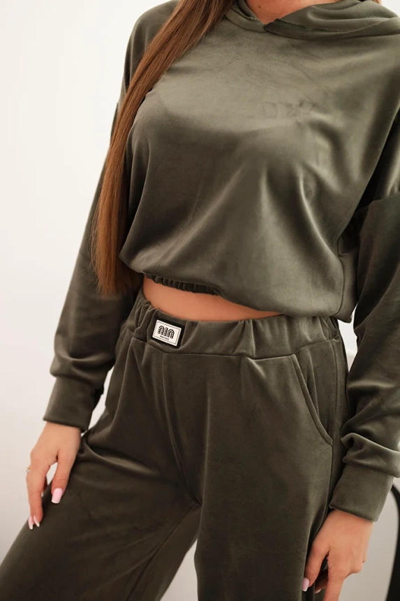 Damen Jogginganzug aus Samt mit weitem Bein und Kapuzenpullover khaki