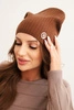 Women's ribbed hat with decorative button made of viscose and modal light brown