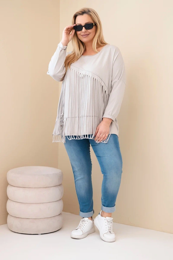 Dámska bavlnená blúzka Plus Size s třásňami béžová