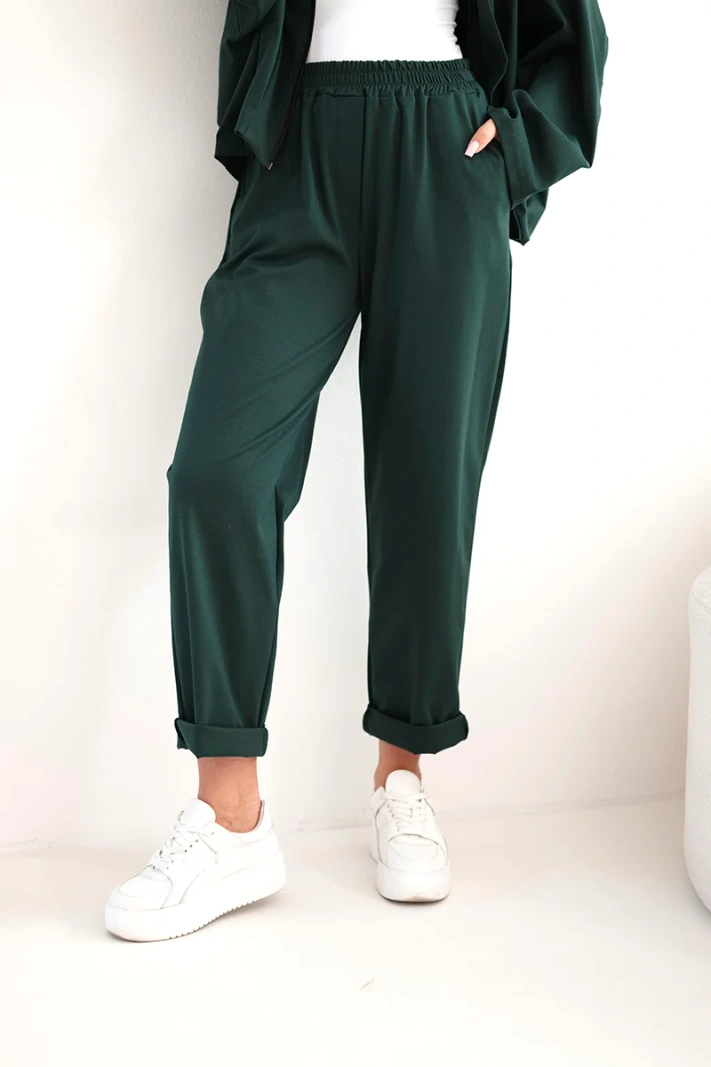 Women's cotton set with short sweatshirt and pants dark green