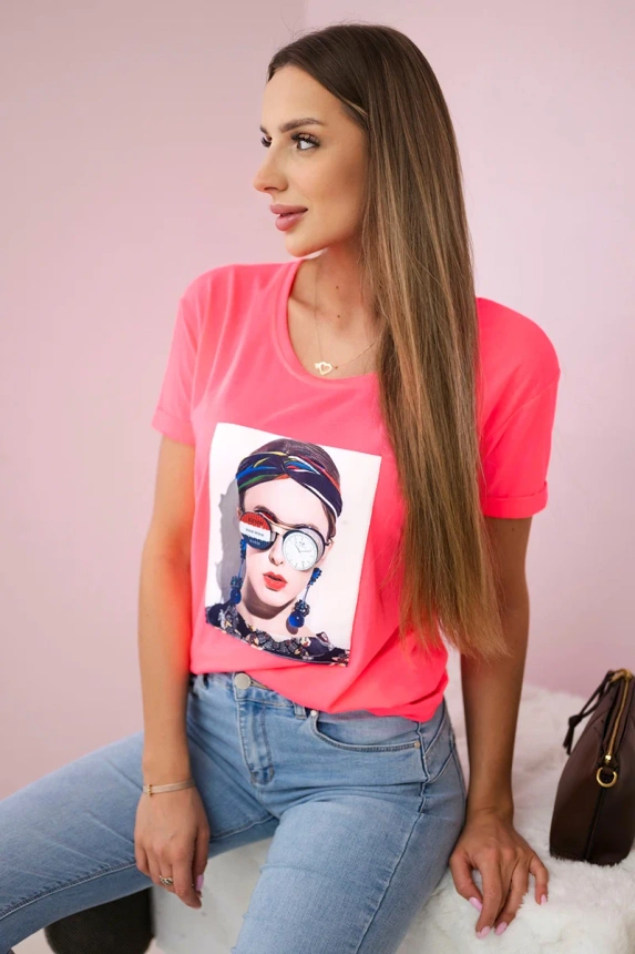 Blúzka s grafikou ženy ružový neón