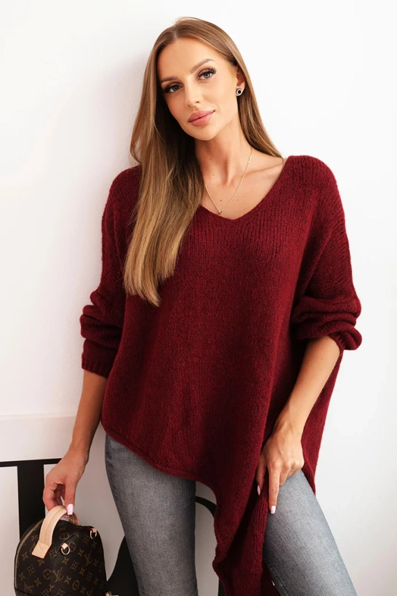 Dámský asymetrický svetr z vlny Plus Size s výstřihem do V bordový