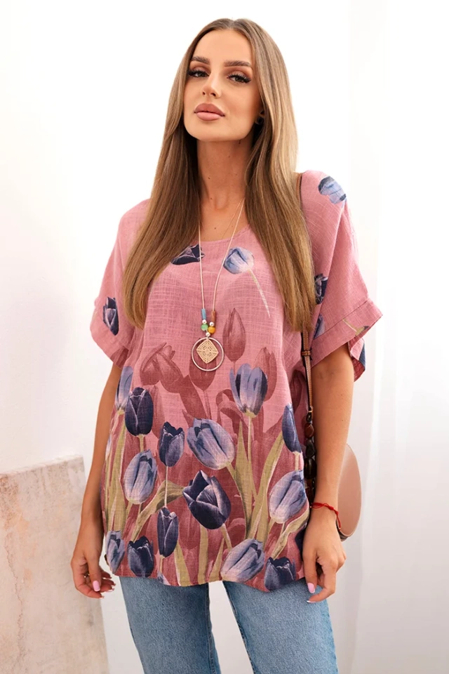 Dámska bavlnená košeľa s kvetinovým vzorom tmavo ružová