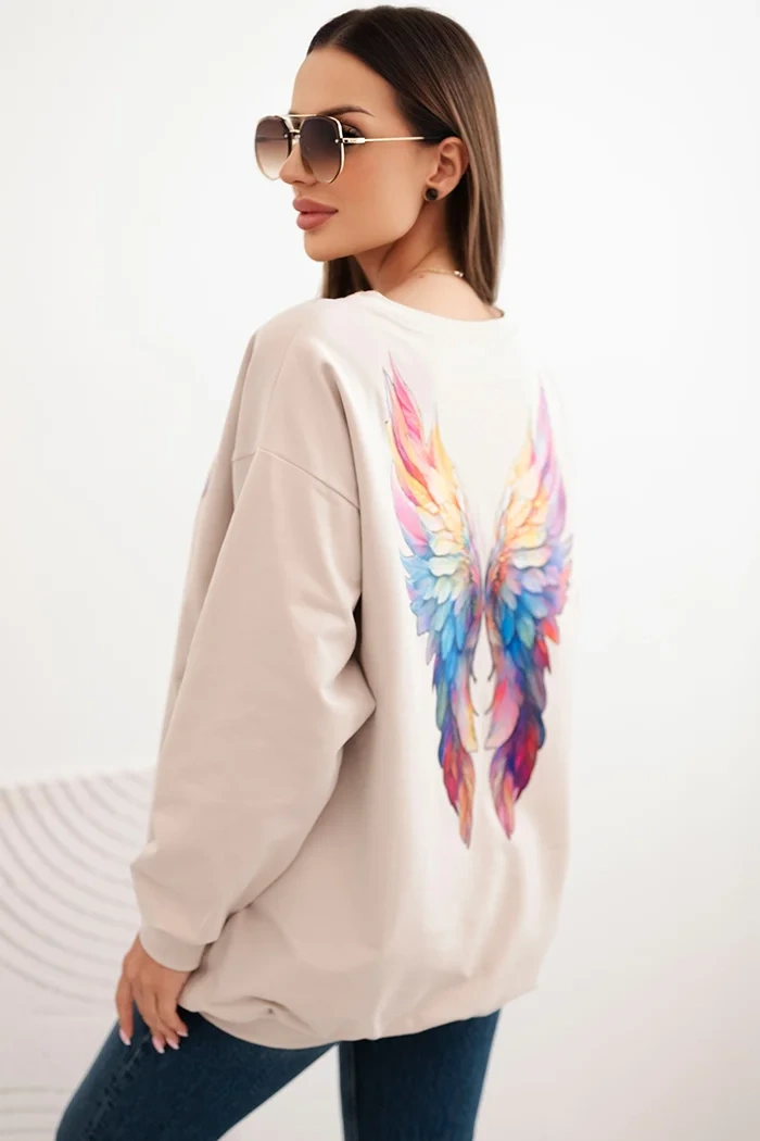 Bluza damska oversize z bawełny z kolorowymi skrzydłami na plecach beżowa
