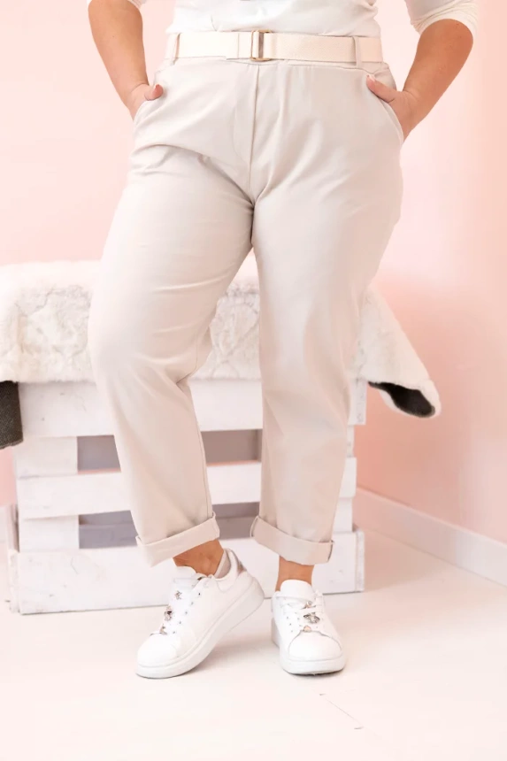 Dámske bavlnené nohavice Plus Size s opaskom béžový
