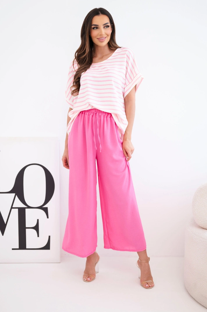 Damen-Set aus Viskose mit gestreifter Bluse und weiten Hosen mit Gummizug rosa