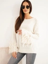 Women's sweater with fringes on the sleeves and a round neckline beige