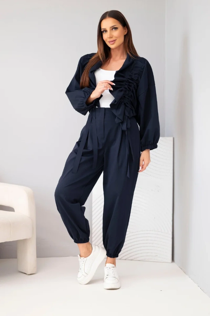 Women's cotton set with a ruched sweatshirt and pants navy blue