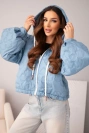 Damenjacke gesteppt mit Kapuze und dekorativem Blumenprägung jeansblau