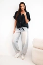 Women's cotton tie-front shirt with floral embroidery black