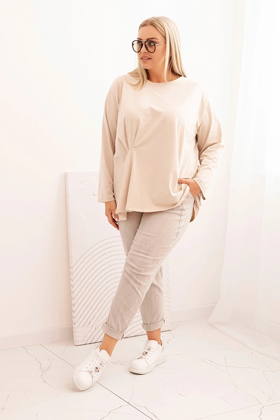 Dámská blůza Plus Size s bavlnou, kapsou a ohrnutým rukávem kiwi