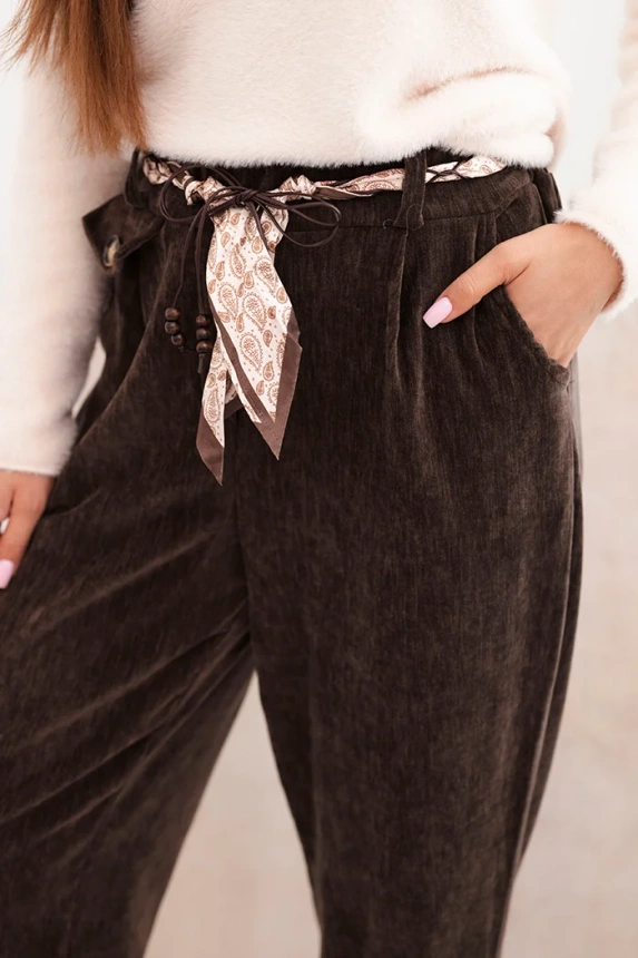 Women's viscose pants with a scarf belt brown
