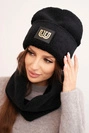 Women's fleece set hat and neck warmer with decorative patch black