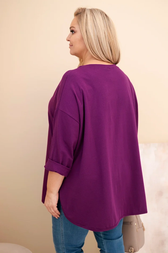 Damenbluse Plus Size aus Baumwolle mit Tasche und umgeschlagenem Ärmel dunkelviolett
