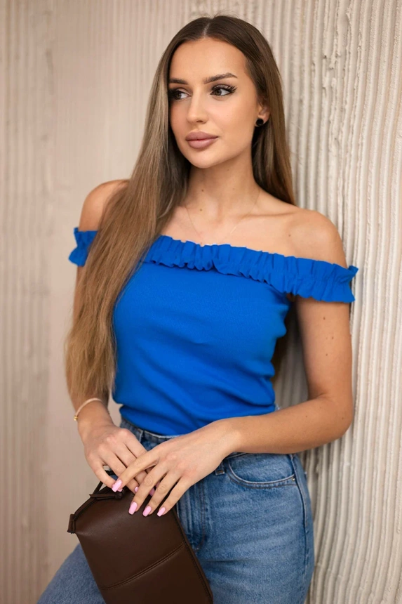 Off-the-shoulder blouse with frills mauve-blue