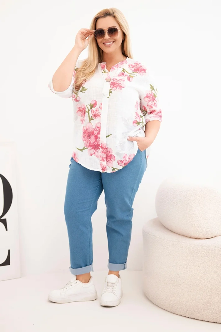 Damen-Baumwollbluse Plus-Size mit V-Ausschnitt im Blumenmuster weiß