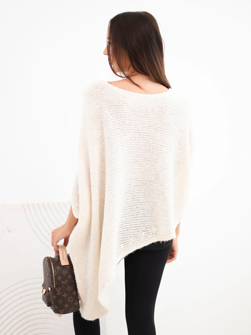 Women's asymmetrical mohair poncho sweater with a wide neckline beige
