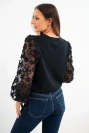 Women's sweater blouse with lace sleeves and decorative buttons black